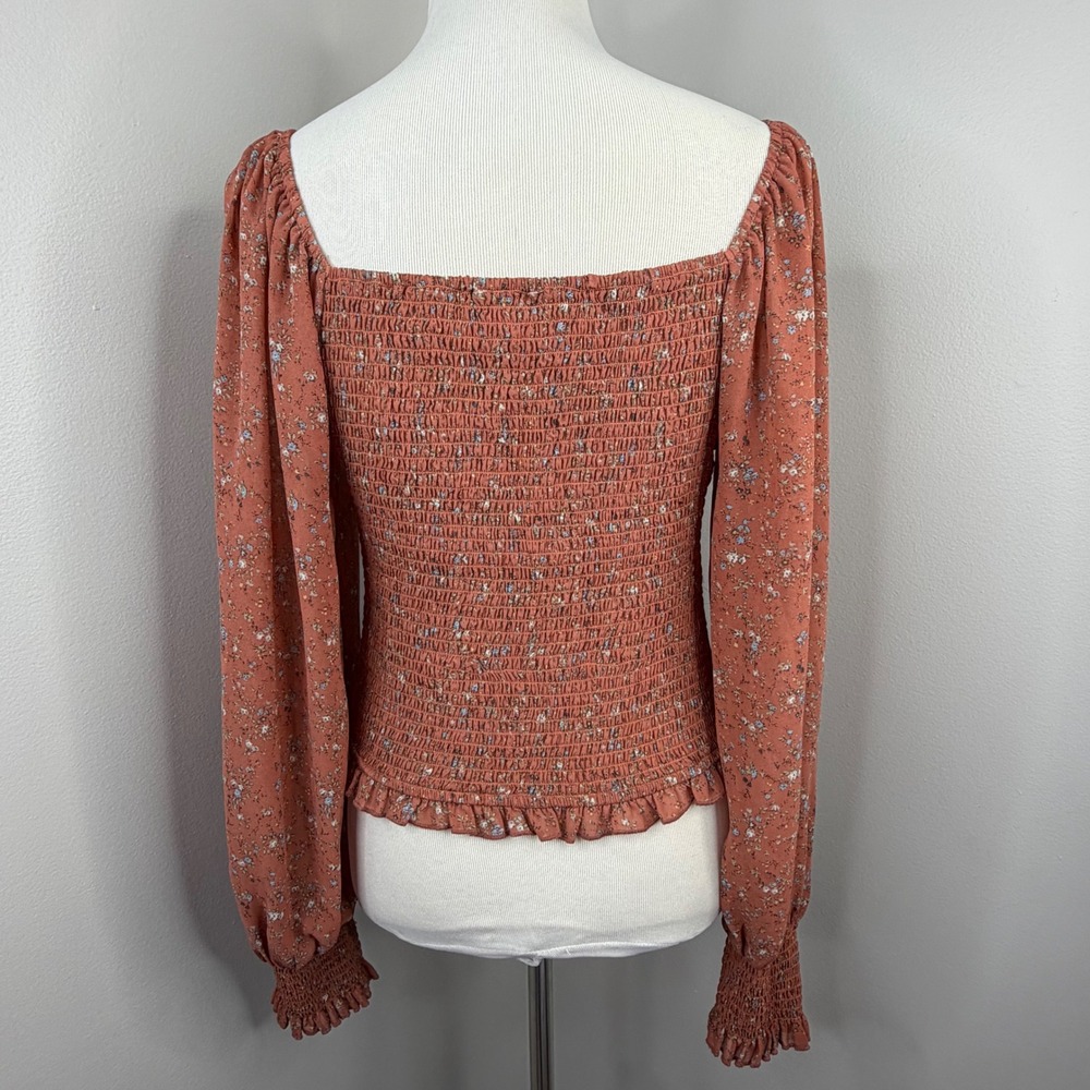 Promesa Rust Floral Ruched Long Sleeve‎ Blouse Square Neck Smocked Cuff Medium - Picture 5 of 11